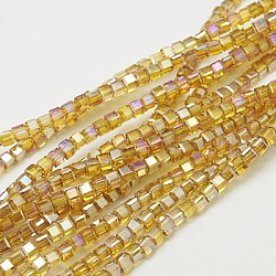 Chapelets de perles en verre électroplaqué, de couleur plaquée ab , facette, cube, verge d'or, 7~8x7~8x7~8mm, Trou: 1mm