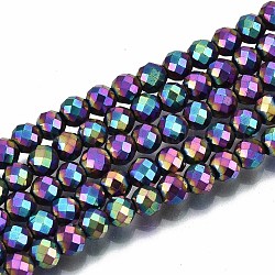 Rainbow Electroplate Non-magnetic Synthetic Hematite Beads Strands, Round, Faceted, Multi-color Plated, 4mm, Hole: 1mm, about 108pcs/strand, 15.67 inch~15.91 inch(39.8cm~40.4cm)