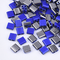 2-Loch-Glasperlen, halb mit Rotguss überzogene Farben, Viereck, Blau, 5x4.5~5.5x2~2.5 mm, Bohrung: 0.5~0.8 mm, ca. 118 Stk. / 10 g