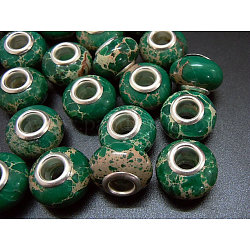 Perle europee di regalite sintetiche, con nucleo singolo in ottone placcato color argento, rondelle, verde, 14x9mm, Foro: 5 mm