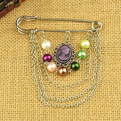 Fashion Tibetan Style Brooches, with Glass Pearl Beads, Resin Cabochons, Iron Chains and Iron Kilt Pins, Colorful, 90mm