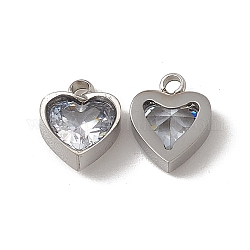 201 charms in acciaio inox, cuore di vetro trasparente, colore acciaio inossidabile, 9x7.5x3mm, Foro: 1.5 mm