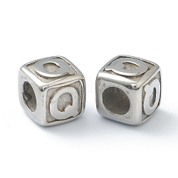 304 perline europei in acciaio inox, perline con foro grande, foro orizzontale, cubo con lettera, colore acciaio inossidabile, letter.q, 8x8x8mm, Foro: 4 mm