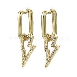 Brass Micro Pave Cubic Zirconia Dangle Huggie Hoop Earrings, Nickel Free, Lightning Bolt, Real 16K Gold Plated, Clear, 34mm, Pin: 1mm