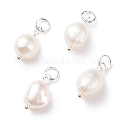 Amuletos de perlas de agua dulce cultivadas naturales de grado b, con 304 anillos de salto de acero inoxidable, arroz pulido, plata, 13.5~15x7~7.5x5~6mm, agujero: 3.6 mm