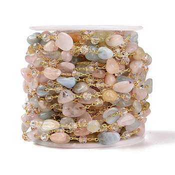 Faites à la main des chaînes de perles morganite naturelles, avec perles de verre rondelles et chaînes forçat en laiton, Plaqué longue durée, non soudée, avec bobine, pépites, or, lien: 2x1.5x0.3 mm, pierres fines perles: 8x6~6.5x4~4.5 mm, perles de verre: 4x3 mm, environ 32.8 pied (10 m)/rouleau