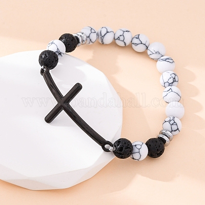 Круглые эластичные браслеты из синтетического хаулита и натуральной лавы BJEW-F493-04EB-02-1