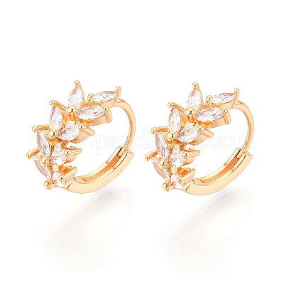 Серьги-кольца в форме листа с микропаве из кубических цирконий из латуни EJEW-T048-41B-G-1