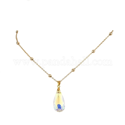 Ожерелья-цепочки с круглыми шариками из прозрачного стекла AB с гранеными подвесками из латуни для женщин NJEW-JN05640-02-1