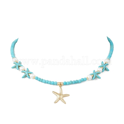 Ожерелье из круглой бусины с подвеской в виде морской звезды из нержавеющей стали 304 NJEW-JN05505-01-1