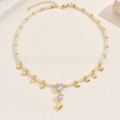 Круглые бусины из латуни с жемчугом и прозрачным кубическим цирконием в форме сердца с подвеской для женщин VQ1969-2-1