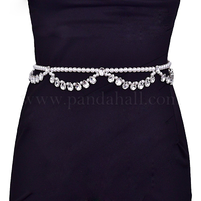 Двухслойные цепочки для талии и живота из сплава со стразами в форме капли и пластиковыми бусинами-имитаторами FS-WG13B7D-01-1