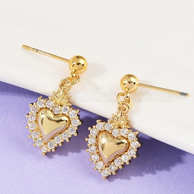 Серьги-гвоздики в форме сердца из латуни с микропаве из прозрачных кубических цирконий EJEW-F895-14G-1