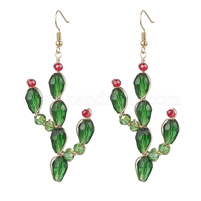 Серьги-подвески в виде кактусов из латунных стеклянных бусин EJEW-TA00753-1