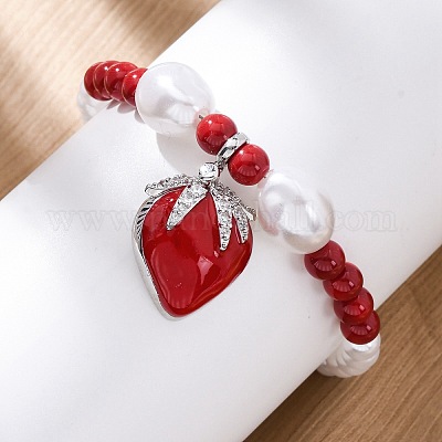 Браслеты с подвесками из прозрачного кубического циркония из клубничной латуни с микропаве BJEW-G740-04P-1