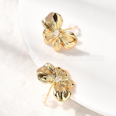 Серьги-гвоздики из латуни с микропаве и бантиком из циркония EJEW-B148-07B-G-1