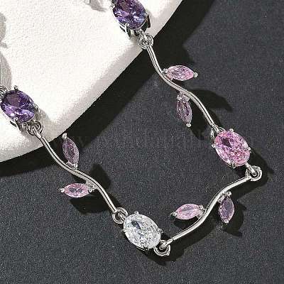 Браслеты-цепочки из латуни с микропаве из кубических цирконий овальной и листовой формы для женщин BJEW-G764-05P-01-1