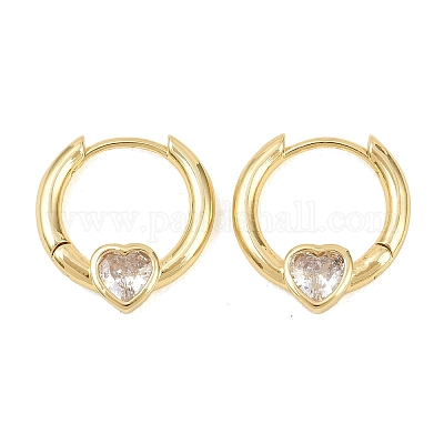 Серьги-кольца из латуни с микропаве и прозрачным кубическим цирконием в форме сердца&nbsp;EJEW-D348-13G-1