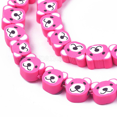 Handmade Polymer Clay Bead Strands, Bear Head, Hot Pink, 7.5~10x9~11x4mm,  Hole: 1.6mm, about 37~40pcs/strand, 13.58 inch~15.35 inch(34.5~39cm)