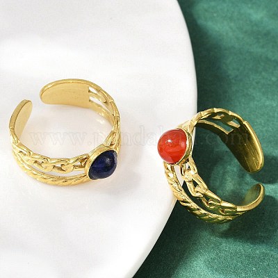 Кольца-манжеты из нержавеющей стали 316 с натуральными смешанными драгоценными камнями RJEW-Z098-01G-14-1