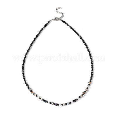 Женские ожерелья из натуральной черной шпинели с треугольными и круглыми гранеными бусинами из гальванического стекла NJEW-JN05666-1