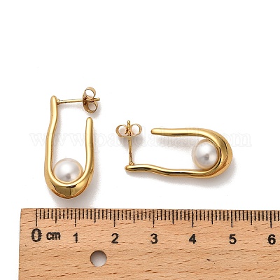 U-образные пластиковые серьги-гвоздики с имитацией жемчуга EJEW-P316-17G-1