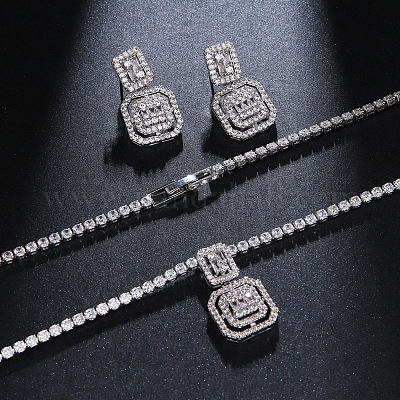 Комплекты из квадратных латунных подвесок с микропаве из прозрачных кубических цирконий и серег-гвоздиков FS-WG98D1F-01-1