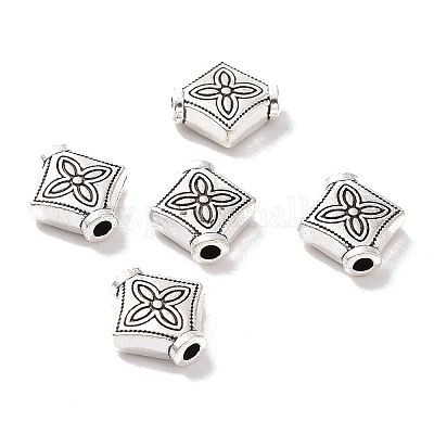 チベット風合金ビーズ 花と菱形 アンティークシルバー 10x10x3.5mm 穴