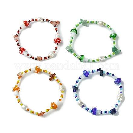 4 pièces 4 styles de puces de pierres précieuses naturelles et de bracelets extensibles en perles de champignons au chalumeau BJEW-TA00442-1