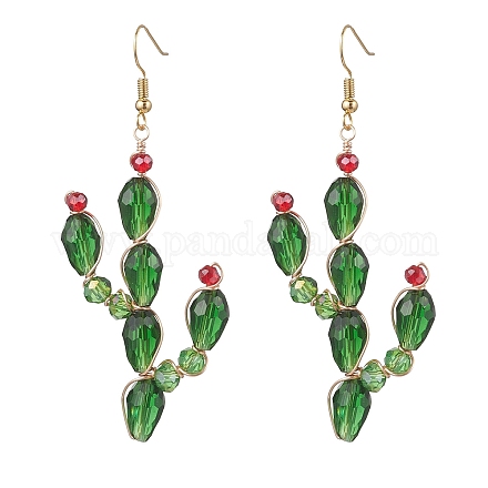 Серьги-подвески в виде кактусов из латунных стеклянных бусин EJEW-TA00753-1