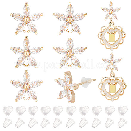 BENECREAT 8Pcs Real 18K Gold Plated Flower Shape Brass Cubic Zirconia Post Stud Earrings with 925 Silver Pin KK-BC0011-11-1