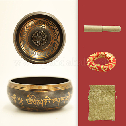 Juego de cuenco tibetano de latón y percutor de madera y tapete de tela y bolsa de arpillera RELI-PW0004-02D-02-1