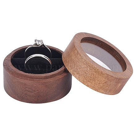 FINGERINSPIRE Walnut Wooden Ring Box (Coffee 5x3.6cm) Round Walnut Ring Organizer with Clear Window Jewelry Ring Box with Two Slots Black Velvet for Proposal CON-WH0072-88-1
