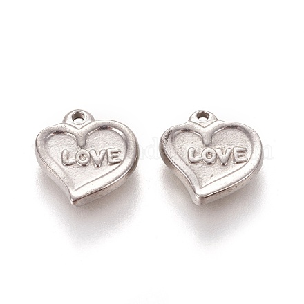 304ステンレス鋼チャーム  単語「love」付けのハート  バレンタインデーのために  ステンレス鋼色  11x12x2.5mm  穴：1.2mm STAS-L226-024P-1