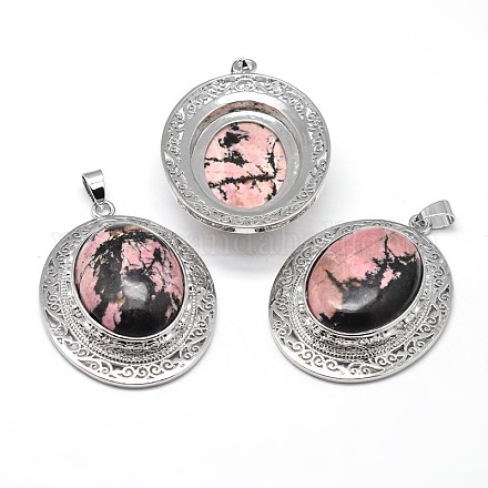Oval Platinum Plated Brass Natural Rhodonite Big Pendants G-F228-22G-RS-1