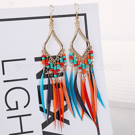 Серьги-люстры в стиле бохо с перьями из сплава стеклянных бусин и ромбами FS-WG1E384-05-1