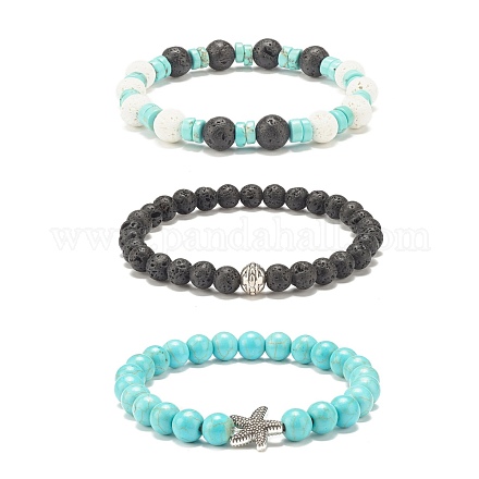 3 Stück 3 Stil natürliche und synthetische Perlen-Stretch-Armbänder aus gemischten Edelsteinen mit Legierungs-Seesternen für Frauen BJEW-JB08185-1
