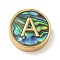 Brass Beads, with Resin Imitation Paua Shell, Flat Round, Real 14K Gold Plated, Letter A, 13.5x4mm, Hole: 1.6mm