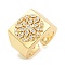 Rectangle with Flower Clear Cubic Zirconia Open Cuff Ring, Brass Wide Bnad Finger Rings for Women, Cadmium Free & Lead Free, Real 16K Gold Plated, 16mm