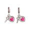 Rack Plating Alloy Light Rose Rhinestone European Dangle Charms, Key & Heart Large Hole Pendants with Enamel, Platinum, Deep Pink, 27.5mm, Hole: 4.5mm