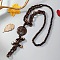 Bohemian Style Coconut & Wood Beaded Pendant Y Necklaces, Coconut Brown, Flat Round, 31.50 inch(80cm)