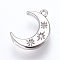 Brass Charms, with Cubic Zirconia, Moon, Platinum, 16x10x2mm, Hole: 1.2~1.5mm