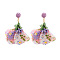 Alloy Cloth Flower Dangle Stud Earrings, Golden, with Raffia, Medium Orchid, 87x25mm