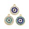 Golden Alloy Pendants, with Rhinestone, Long-Lasting Plated, Flat Round with Evil Eye, Mixed Color, 19x16x2.5mm, Hole: 2mm