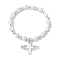 Plating Acrylic Stretch Bracelets, with Plastic Beads and Plastic Enamel Pendants, Cross with Wings, White, Inner Diameter: 1-3/4~2-1/8 inch(4.5~5.3cm)