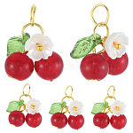 40шт стеклянные подвески, вишня, с кольцами из смолы и глодена, красные, 20.5x16.5x8 мм, отверстие : 4 мм