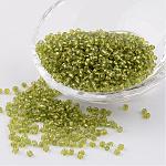 8/0 Perlas de semillas de vidrio, plata forrada agujero redondo, redondo, verde amarillo, 3mm, agujero: 1 mm, aproximamente 1097 unidades / 50 g