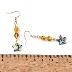 天然琥珀とアワビ貝／パウア貝のビーズを使ったドロップピアス  女性用304ステンレススチールピアスフック付き  18KGP本金メッキ  スター  55x12mm&nbsp;EJEW-JE07315-02