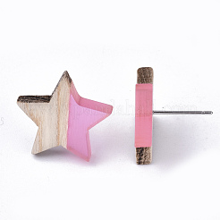透明樹脂＆ウッドスタッドピアス  304ステンレスピン付き  スター  パールピンク  17x18mm  ピン：0.7mm&nbsp;EJEW-N017-001A-D05