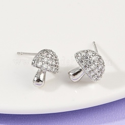 Серьги-гвоздики из латуни с микропаве из прозрачных кубических цирконий в форме гриба EJEW-F895-17P